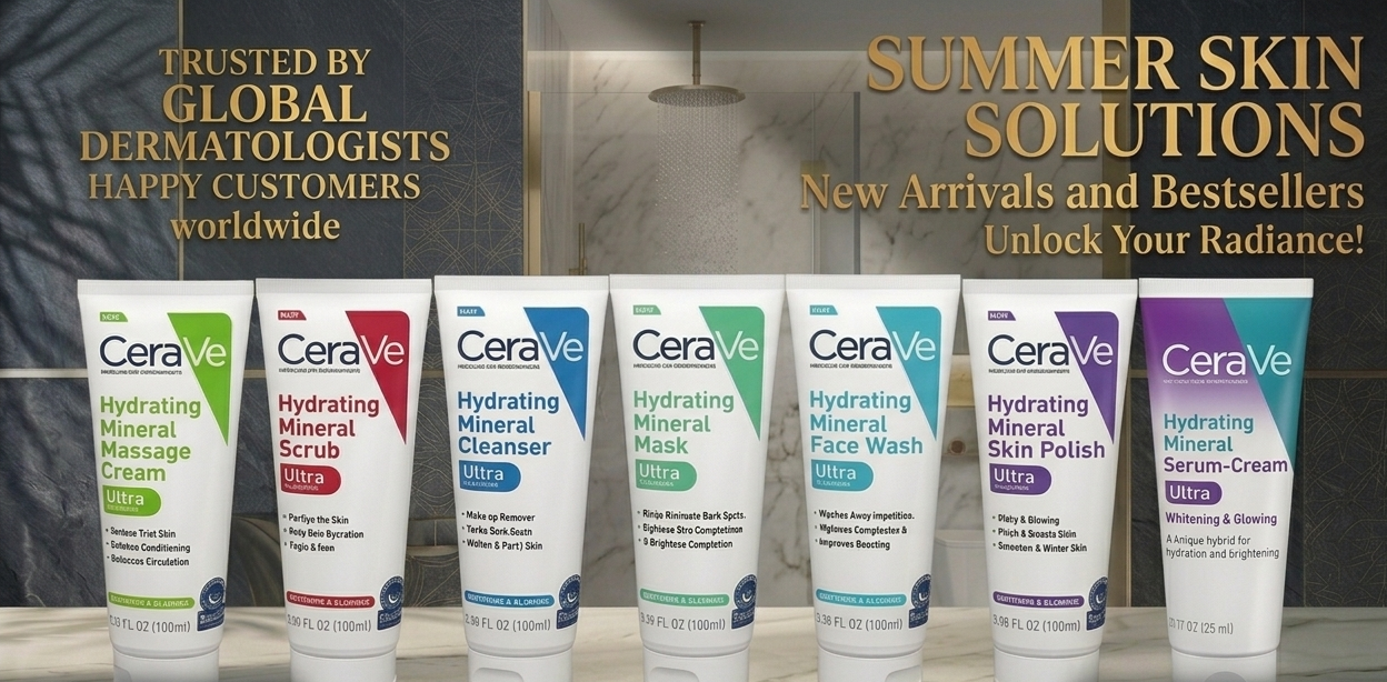 CeraVe skincare products displayed on a shelf with promotional text about global dermatologists and summer skin solutions.