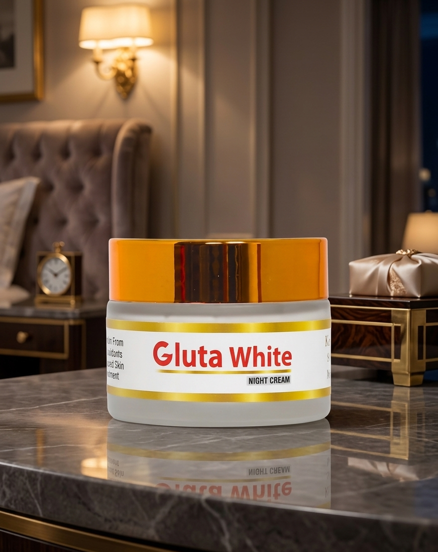 Jar of Gluta White night cream on a marble surface with a luxurious background