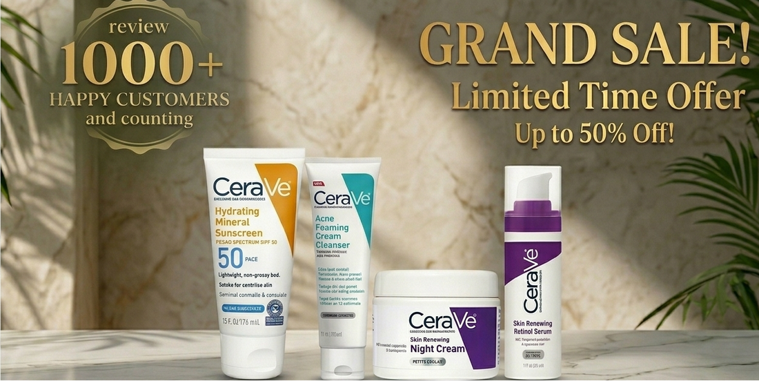 CeraVe skincare products with promotional text on a marble surface