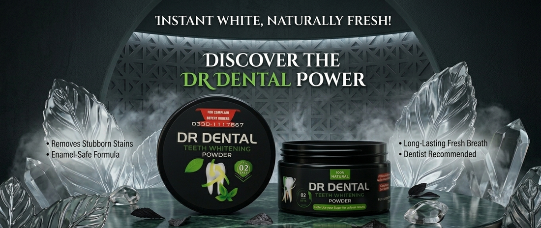 Dr Dental tooth powder packaging with promotional text on a dark background